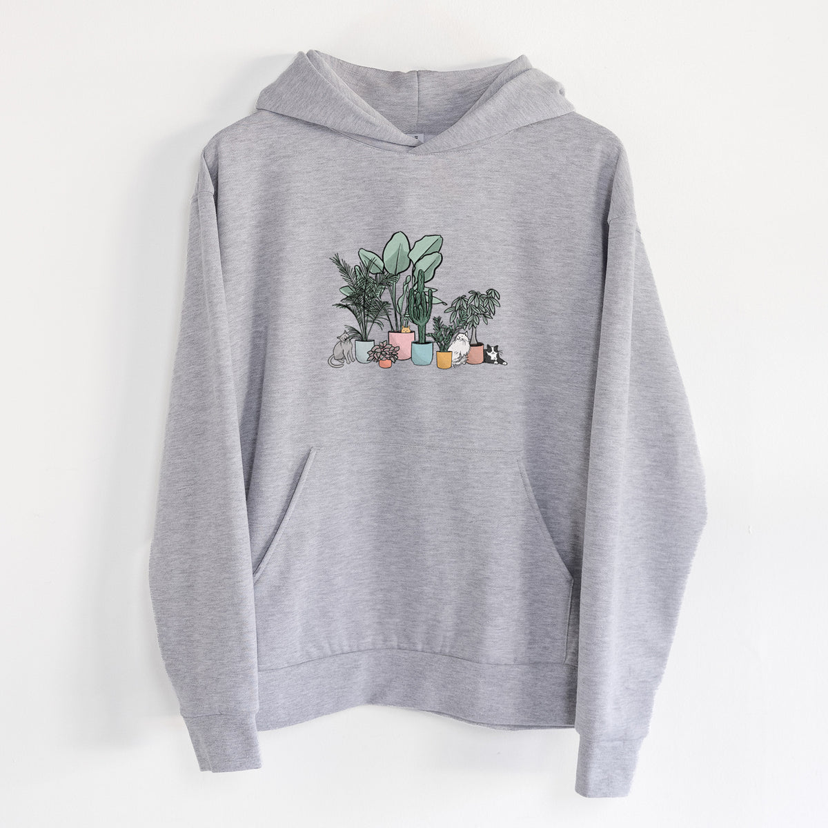 Cats and Plants - Statement Midweight Hoodie in Heather Grey, hanging on a white wall, with a front kangaroo pocket and no drawcords.