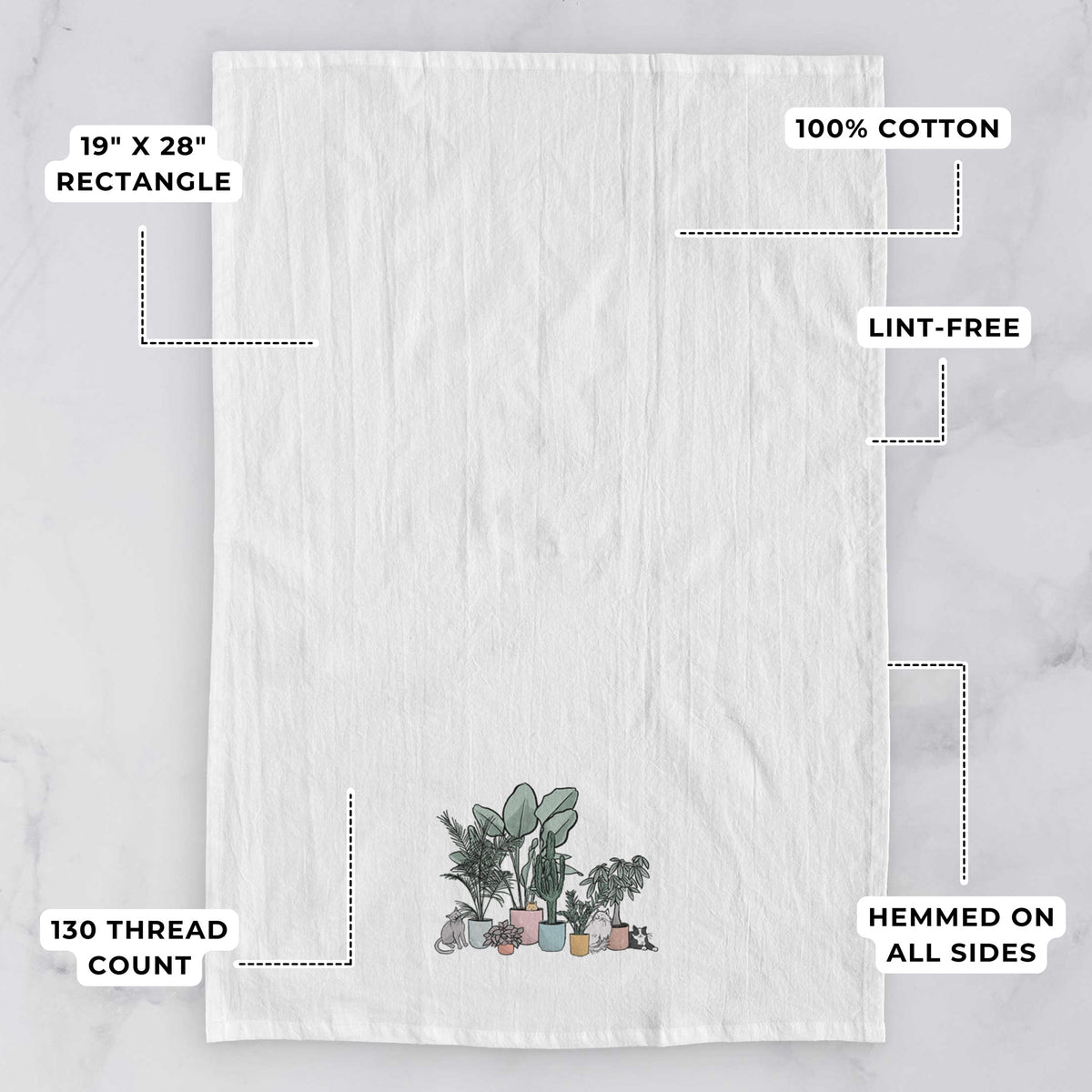 White tea towel printed with a full-color illustration of cats lounging among potted houseplants, with feature labels: 19 by 28 inch rectangle, 100% cotton, lint-free, 130 thread count, hemmed on all sides.