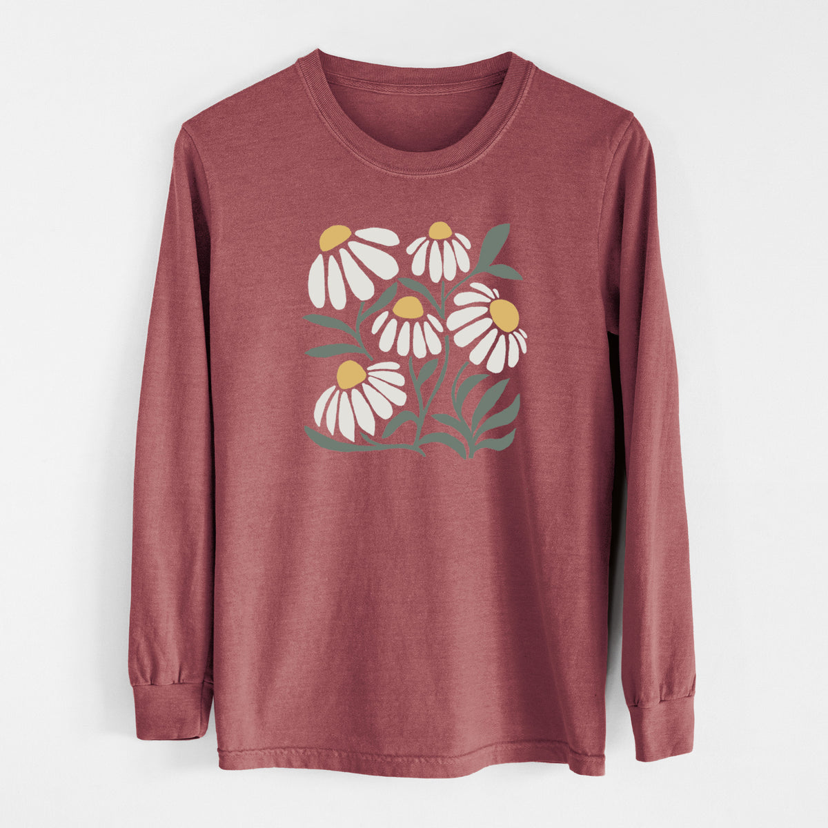 Brick red Comfort Colors long sleeve shirt laid flat, printed with a soft full-color illustration of white chamomile flowers and green leaves.