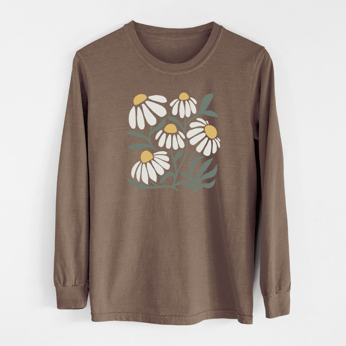 Espresso brown Comfort Colors long sleeve shirt laid flat, printed with a soft full-color illustration of white chamomile flowers and green leaves.