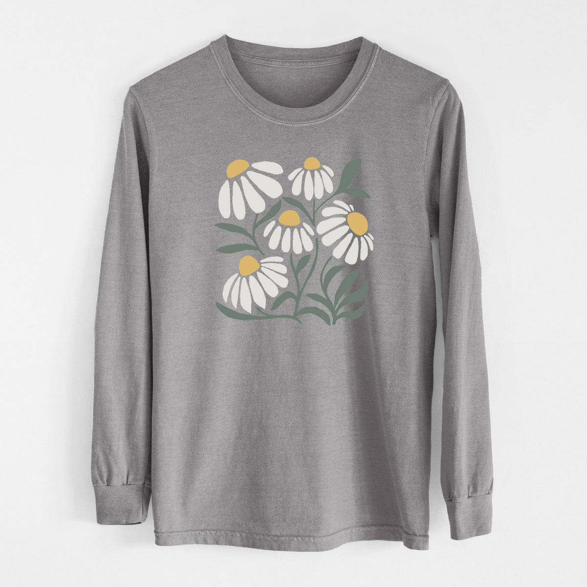 Grey Comfort Colors long sleeve shirt laid flat, printed with a soft full-color illustration of white chamomile flowers and green leaves.