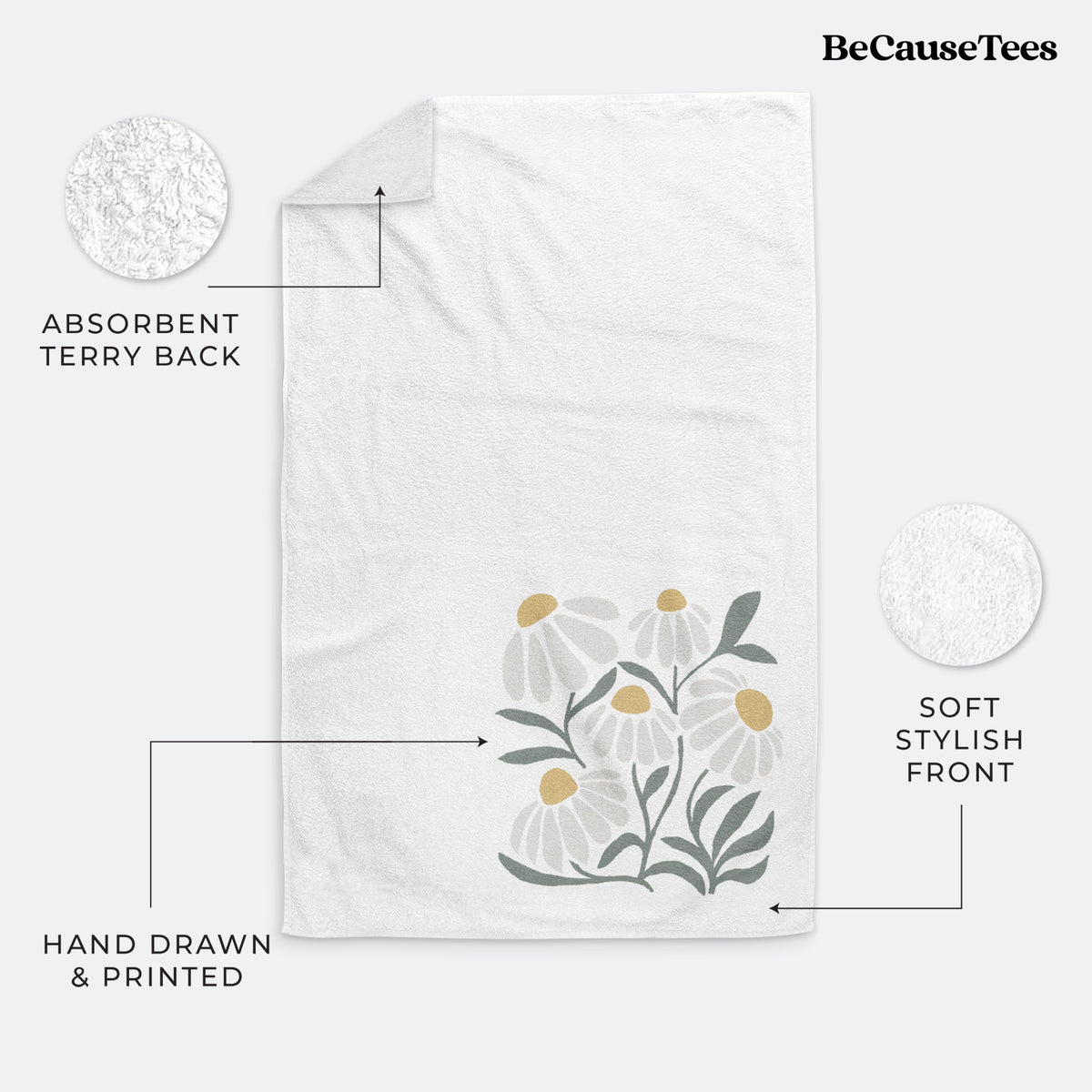 White hand towel printed with a soft full-color illustration of white chamomile flowers and green leaves.