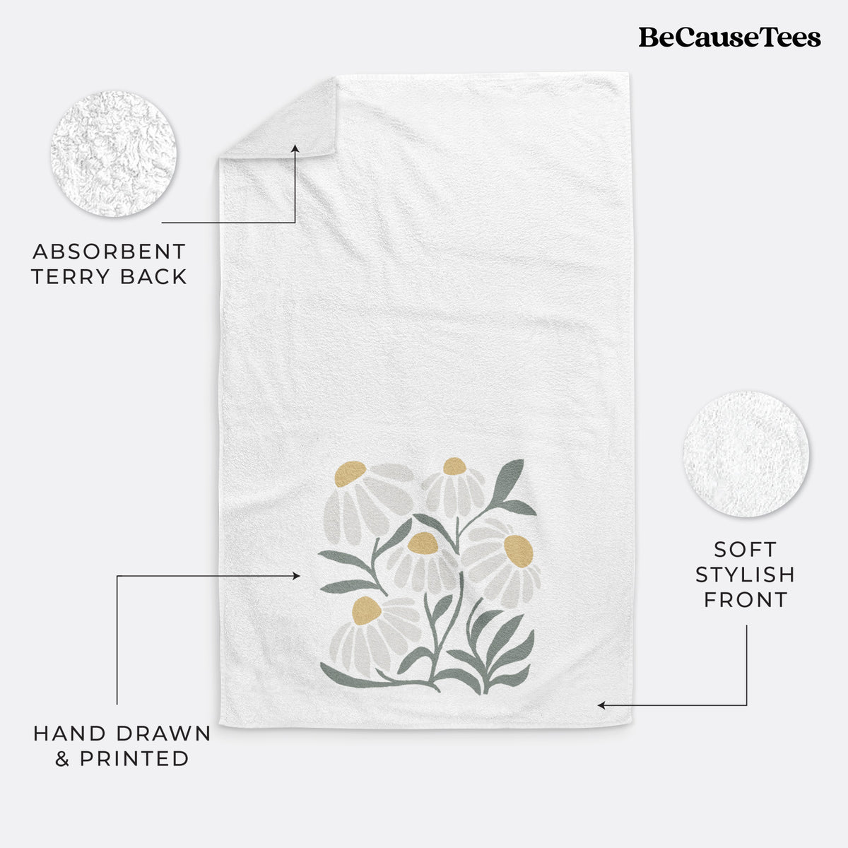 White hand towel printed with a soft full-color illustration of white chamomile flowers and green leaves.