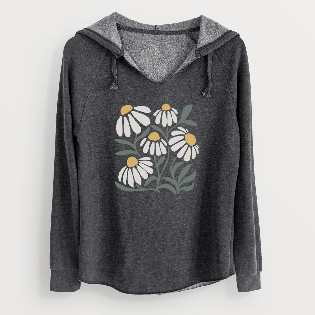 Charcoal grey women's Cali Wave hooded sweatshirt laid flat, printed with a soft full-color illustration of white chamomile flowers and green leaves.