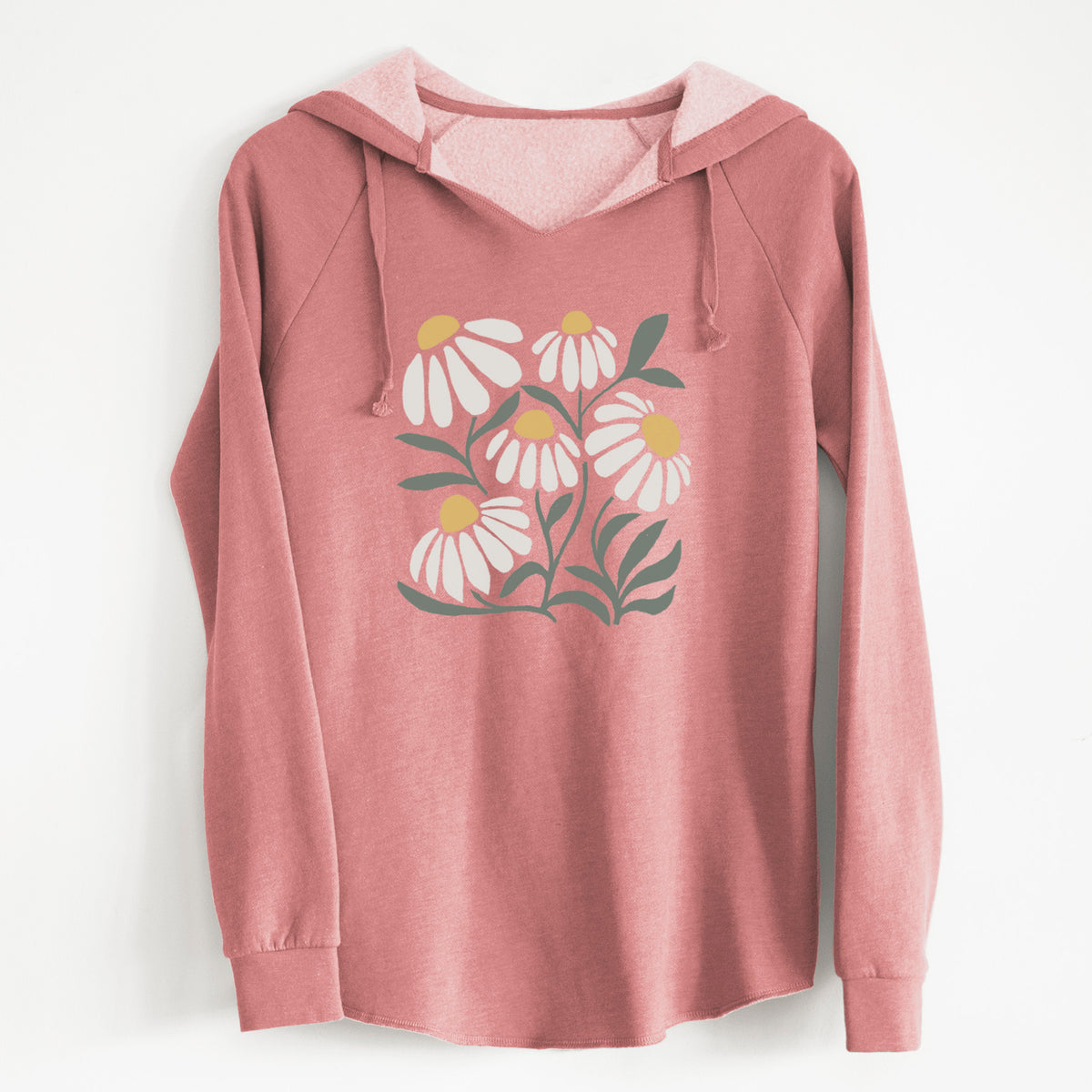 Dusty rose women's Cali Wave hooded sweatshirt laid flat, printed with a soft full-color illustration of white chamomile flowers and green leaves.