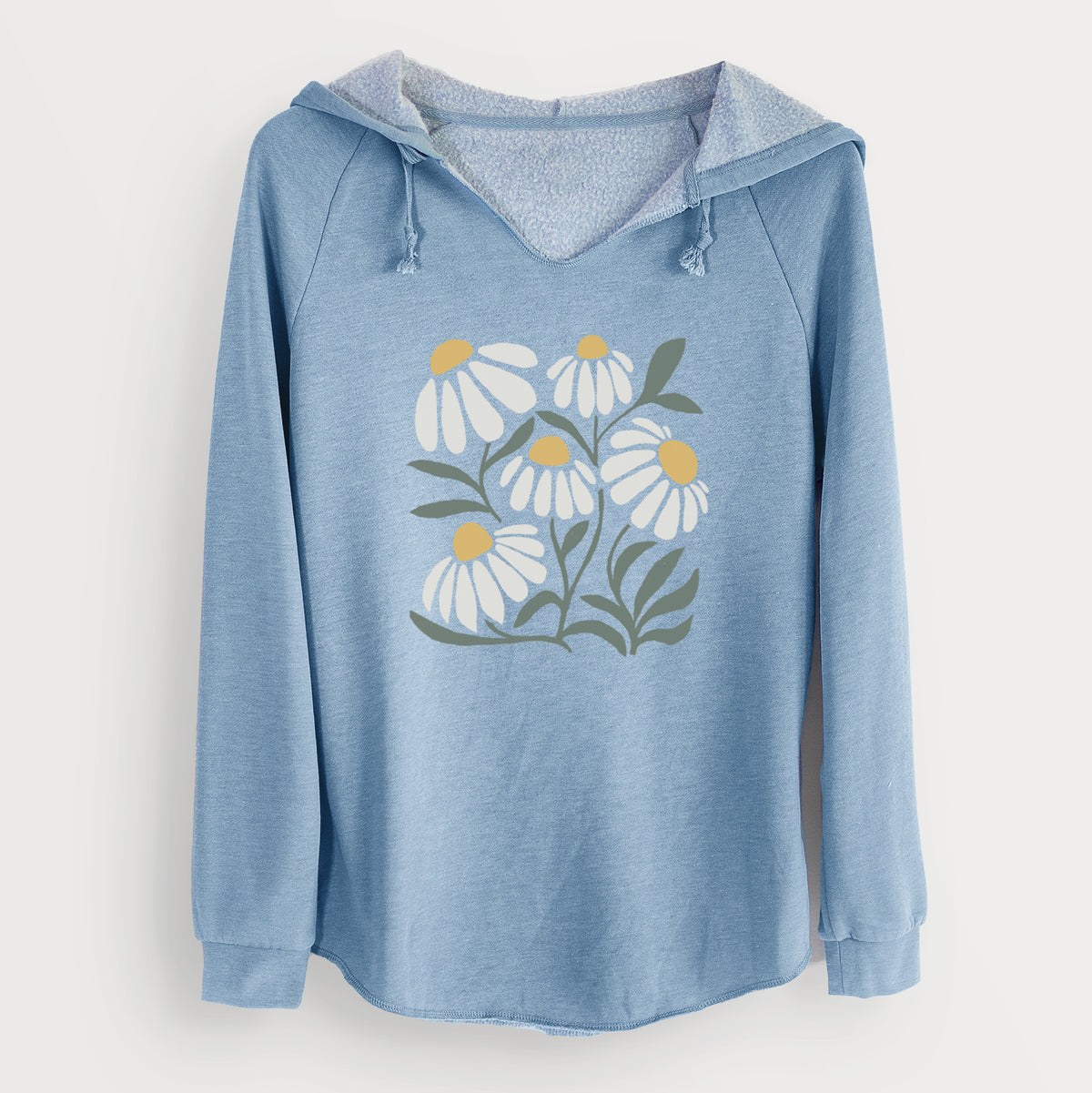Misty blue women's Cali Wave hooded sweatshirt laid flat, printed with a soft full-color illustration of white chamomile flowers and green leaves.