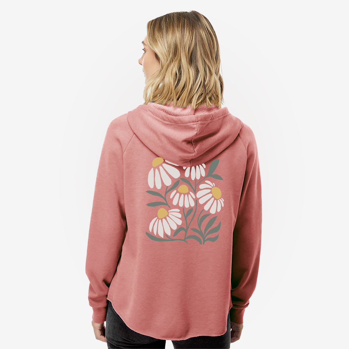 Woman wearing a dusty rose women's Cali Wave zip-up sweatshirt printed with a soft full-color illustration of white chamomile flowers and green leaves, seen from behind.