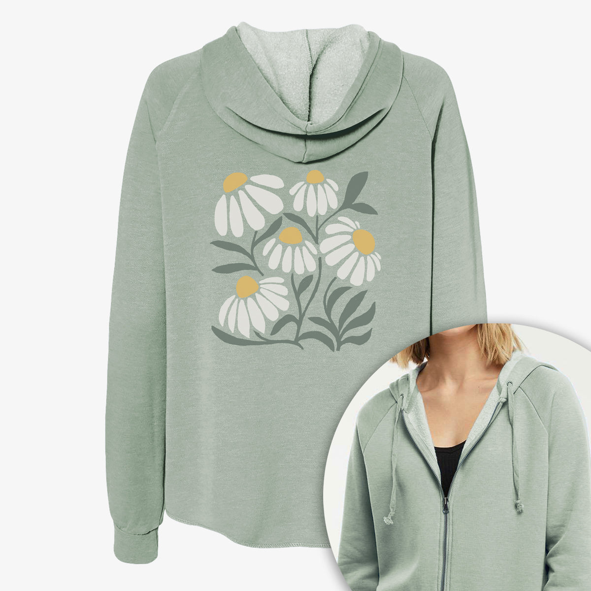 Women's Cali Wave zip-up sweatshirt printed with a soft full-color illustration of white chamomile flowers and green leaves, with a close-up of the zipper.
