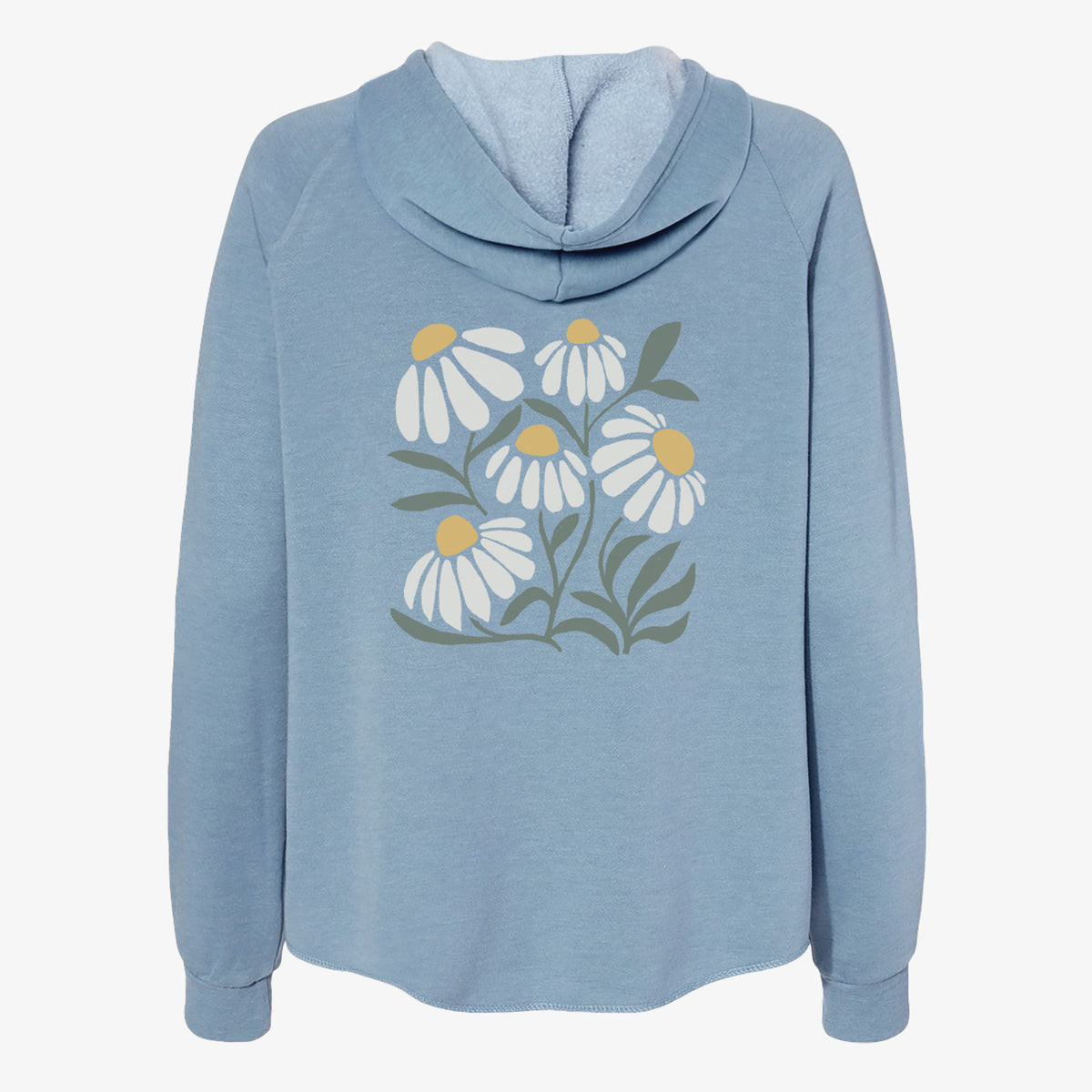 Misty blue women's Cali Wave zip-up sweatshirt laid flat, printed with a soft full-color illustration of white chamomile flowers and green leaves.