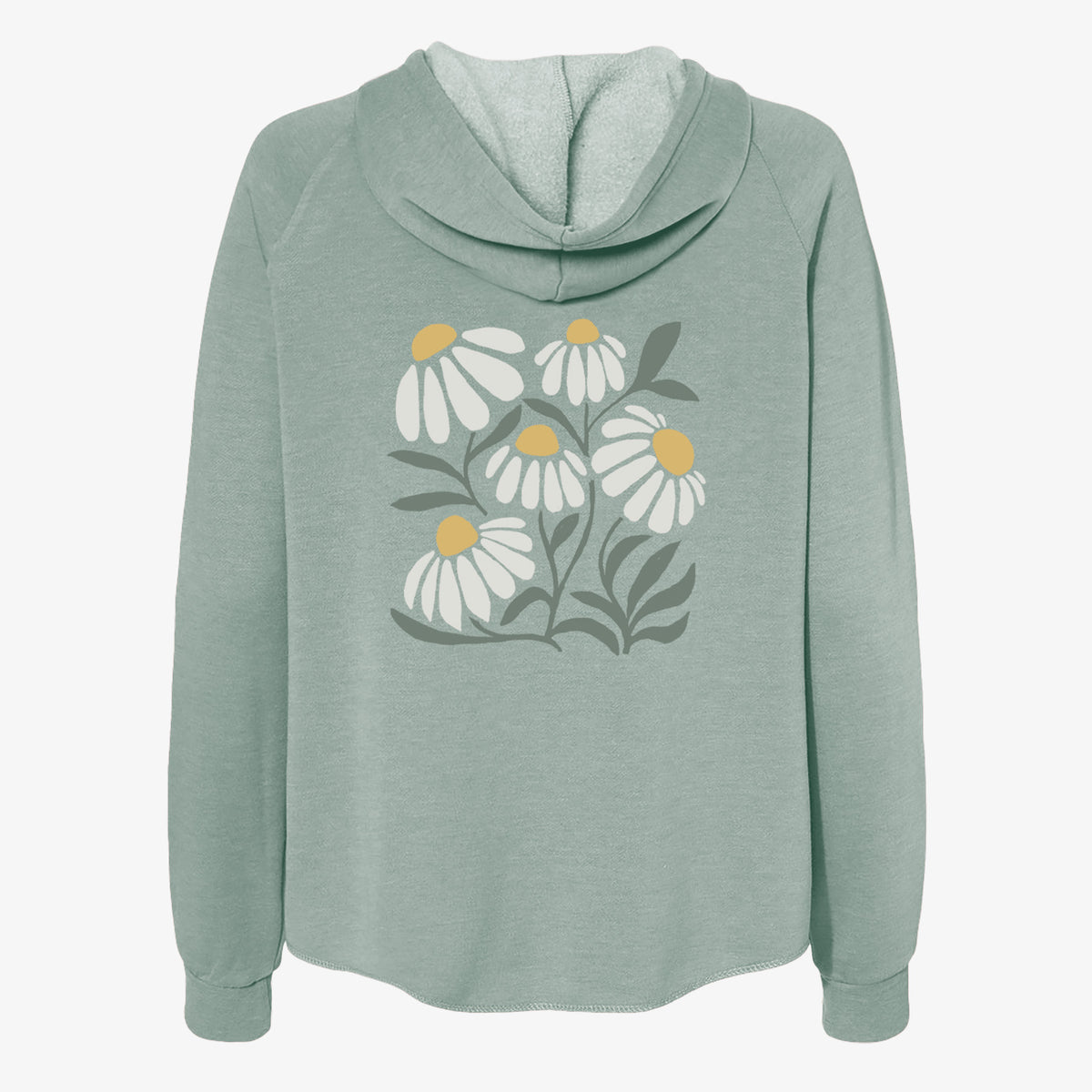 Sage green women's Cali Wave zip-up sweatshirt laid flat, printed with a soft full-color illustration of white chamomile flowers and green leaves.