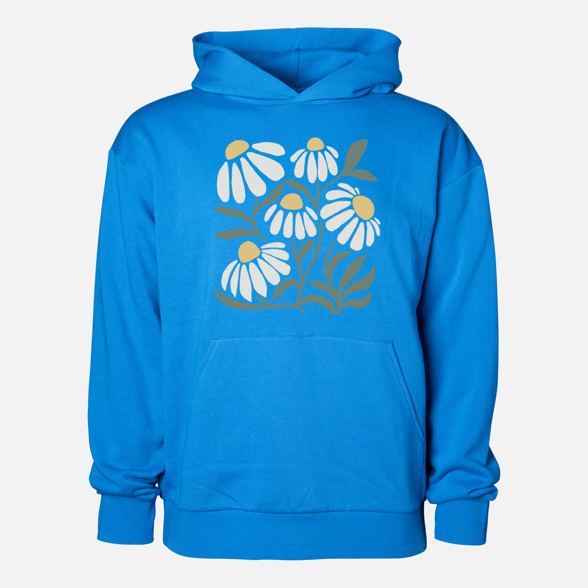 Chamomile Vibes - Statement Midweight Hoodie in Azure Blue, shown from the front with the design printed on the chest above a front kangaroo pocket.