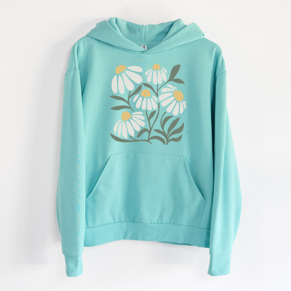 Chamomile Vibes - Statement Midweight Hoodie in Seafoam, hanging on a white wall, with a front kangaroo pocket and no drawcords.