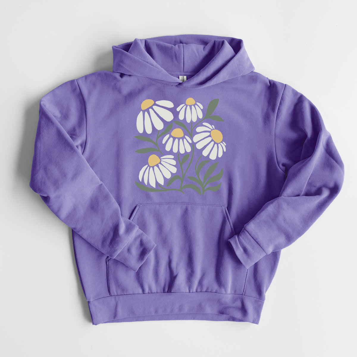Chamomile Vibes - Statement Midweight Hoodie in Violet, laid flat, showing the oversized boxy fit and front kangaroo pocket.
