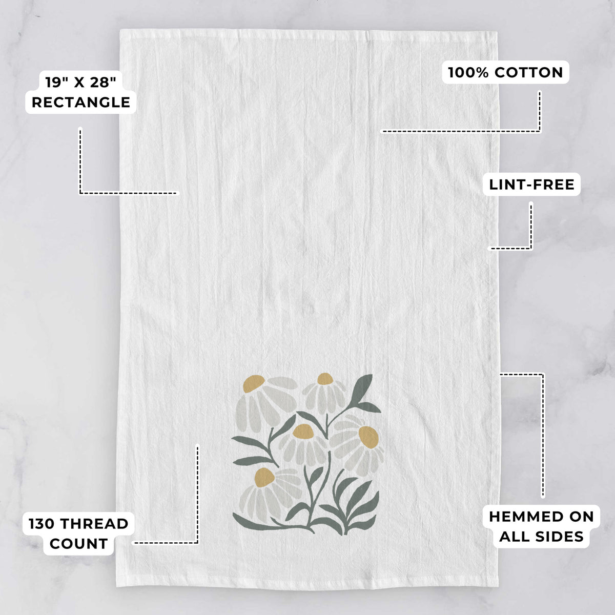 White tea towel printed with a soft full-color illustration of white chamomile flowers and green leaves, with feature labels: 19 by 28 inch rectangle, 100% cotton, lint-free, 130 thread count, hemmed on all sides.