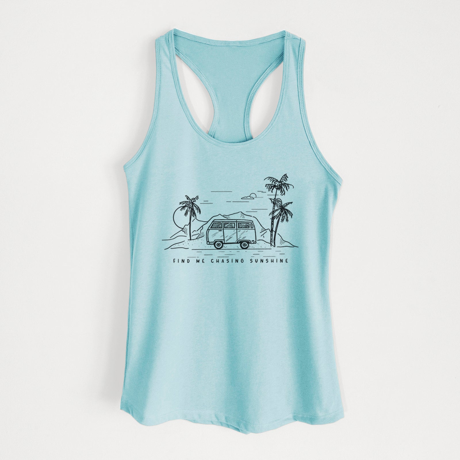 Banana cream women's racerback tank top laid flat, printed with a black ink illustration of a camper van under palm trees and the sun, with the words Find Me Chasing Sunshine.