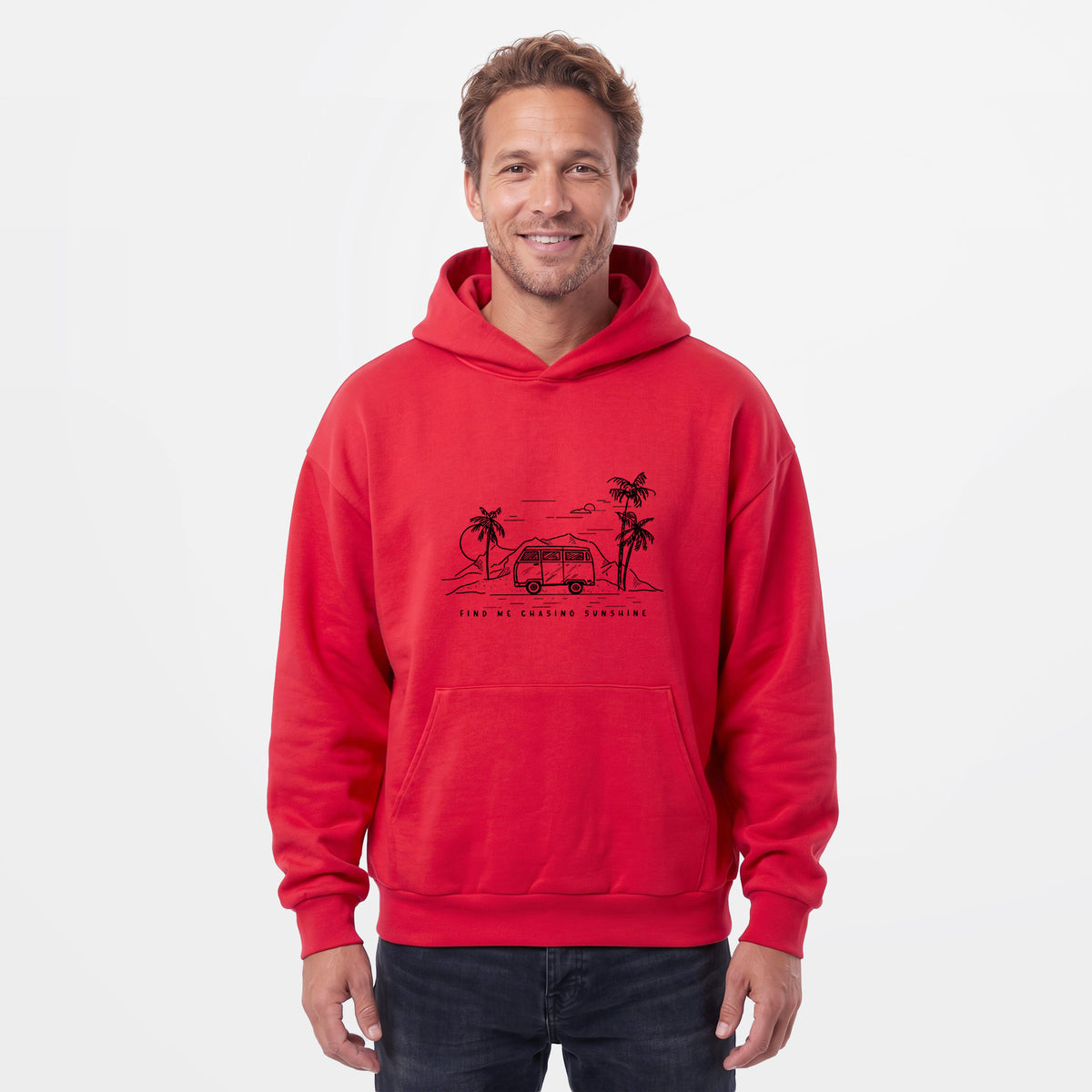 Male model wearing the Find Me Chasing Sunshine - Statement Midweight Hoodie.