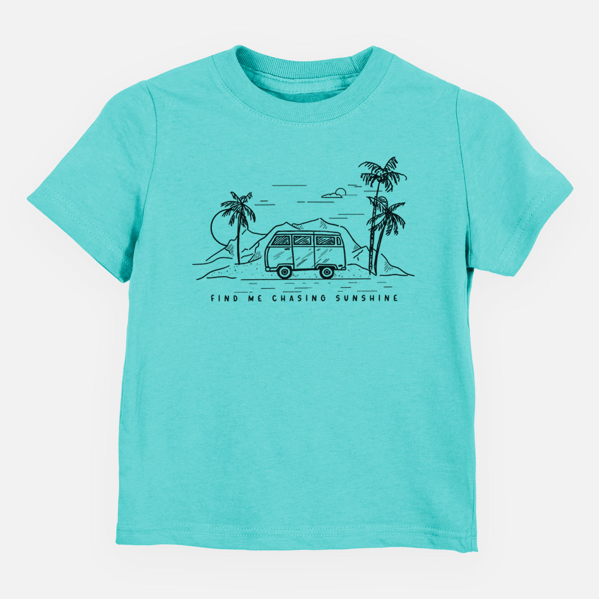 Caribbean blue toddler t-shirt laid flat, printed with a black ink illustration of a camper van under palm trees and the sun, with the words Find Me Chasing Sunshine.