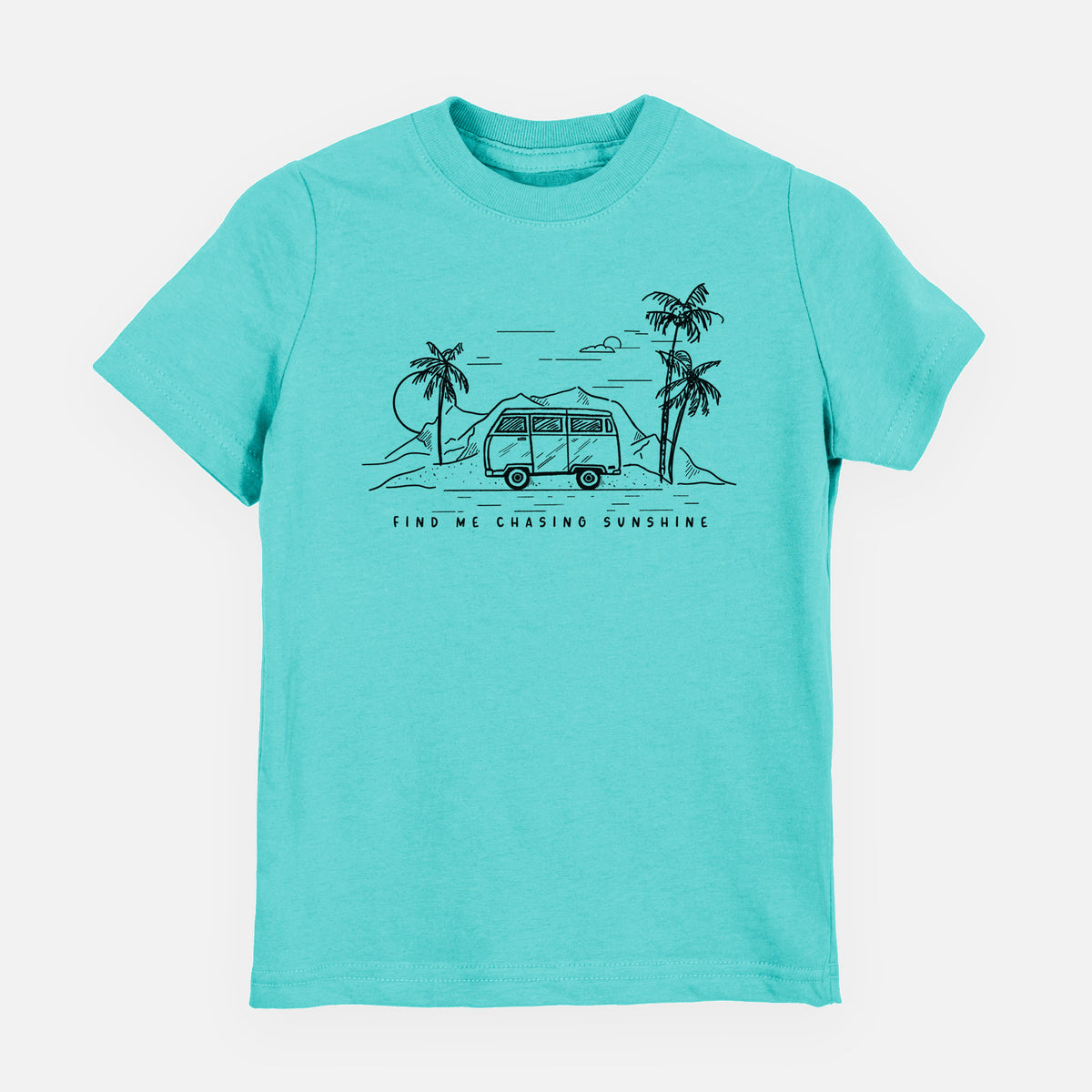 Caribbean blue youth t-shirt laid flat, printed with a black ink illustration of a camper van under palm trees and the sun, with the words Find Me Chasing Sunshine.