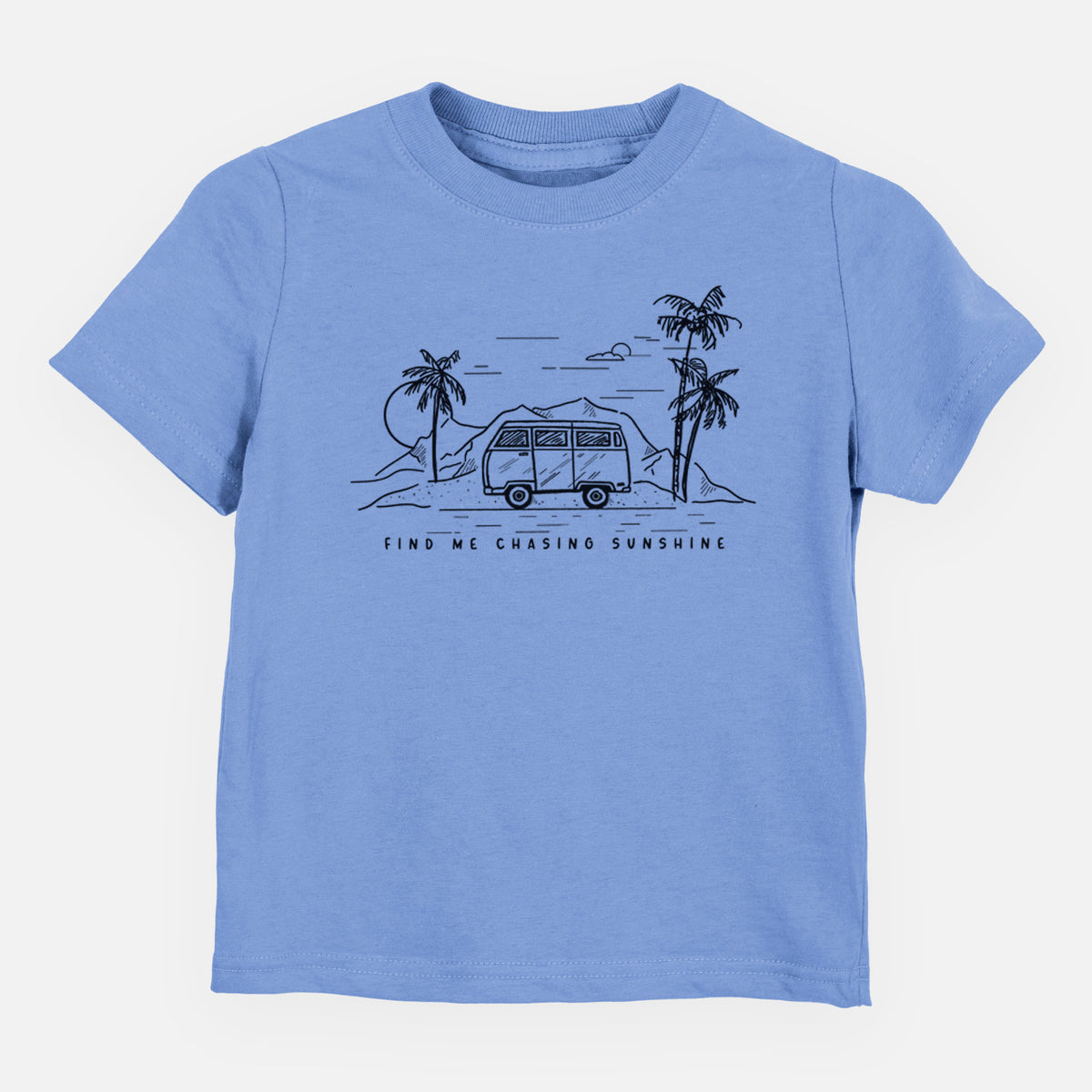 Carolina blue toddler t-shirt laid flat, printed with a black ink illustration of a camper van under palm trees and the sun, with the words Find Me Chasing Sunshine.