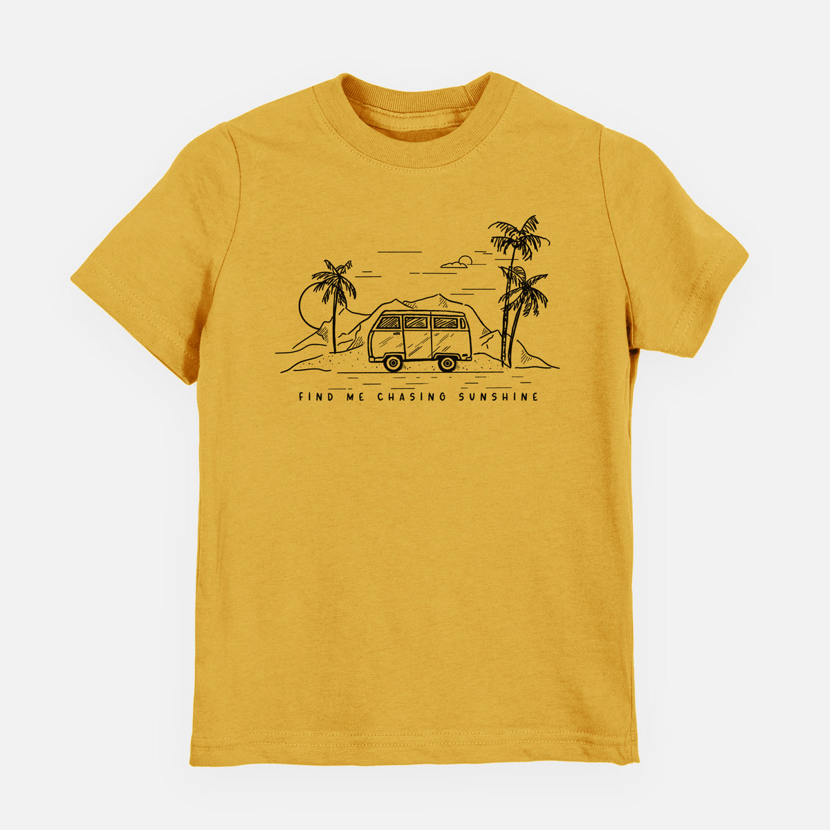 Honeycomb yellow youth t-shirt laid flat, printed with a black ink illustration of a camper van under palm trees and the sun, with the words Find Me Chasing Sunshine.