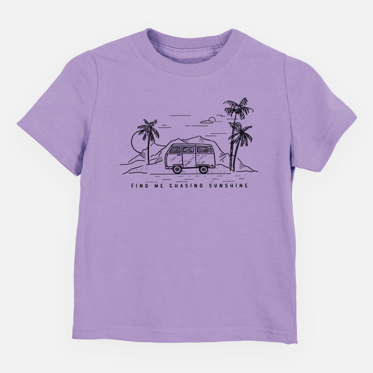 Lavender toddler t-shirt laid flat, printed with a black ink illustration of a camper van under palm trees and the sun, with the words Find Me Chasing Sunshine.