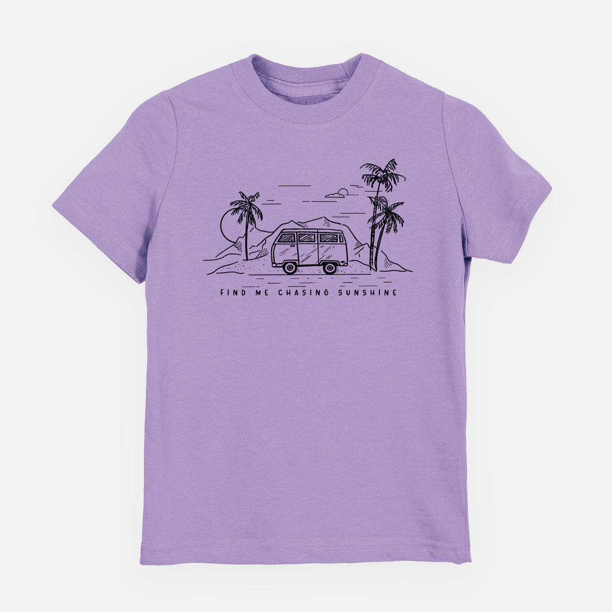 Lavender youth t-shirt laid flat, printed with a black ink illustration of a camper van under palm trees and the sun, with the words Find Me Chasing Sunshine.