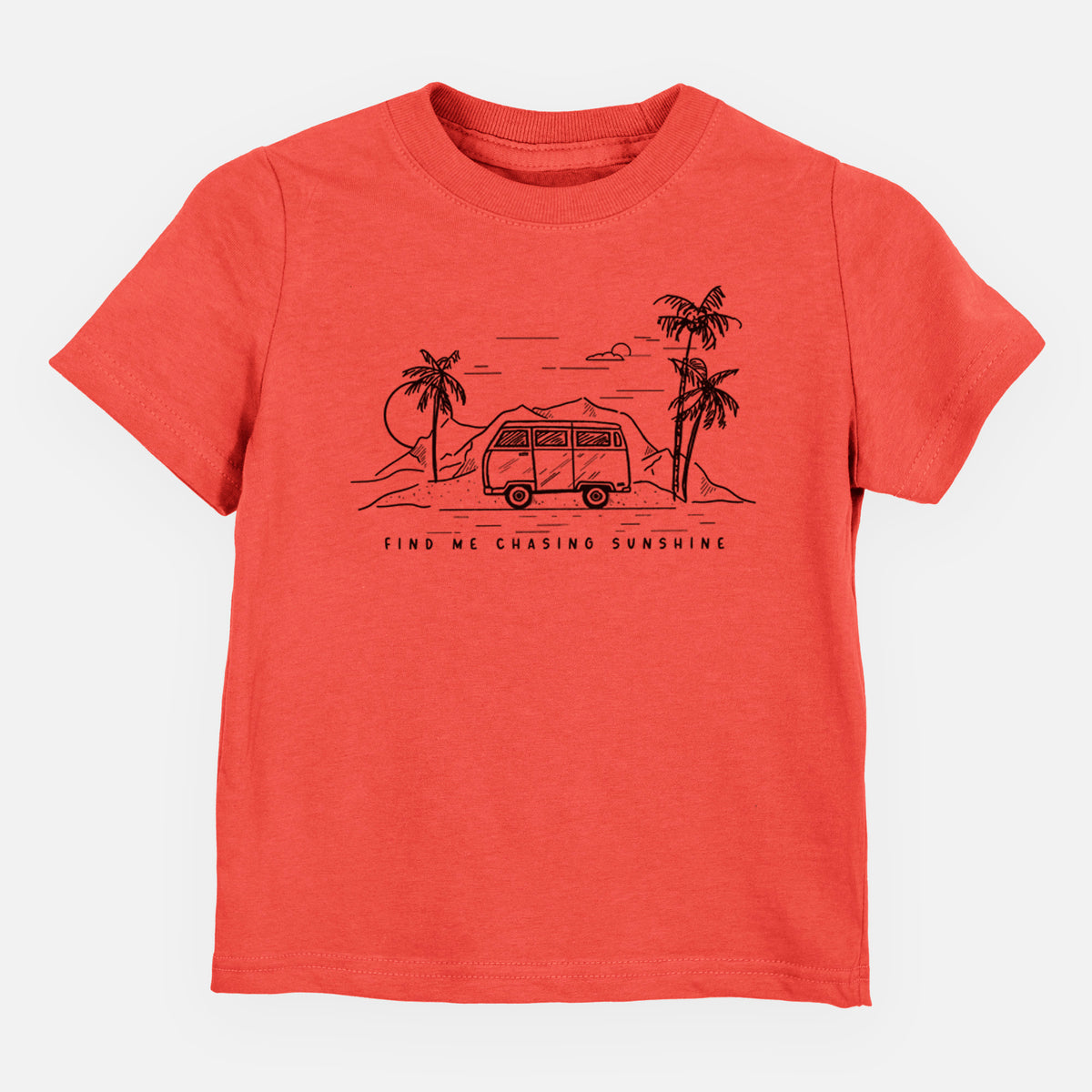 Passionfruit pink toddler t-shirt laid flat, printed with a black ink illustration of a camper van under palm trees and the sun, with the words Find Me Chasing Sunshine.