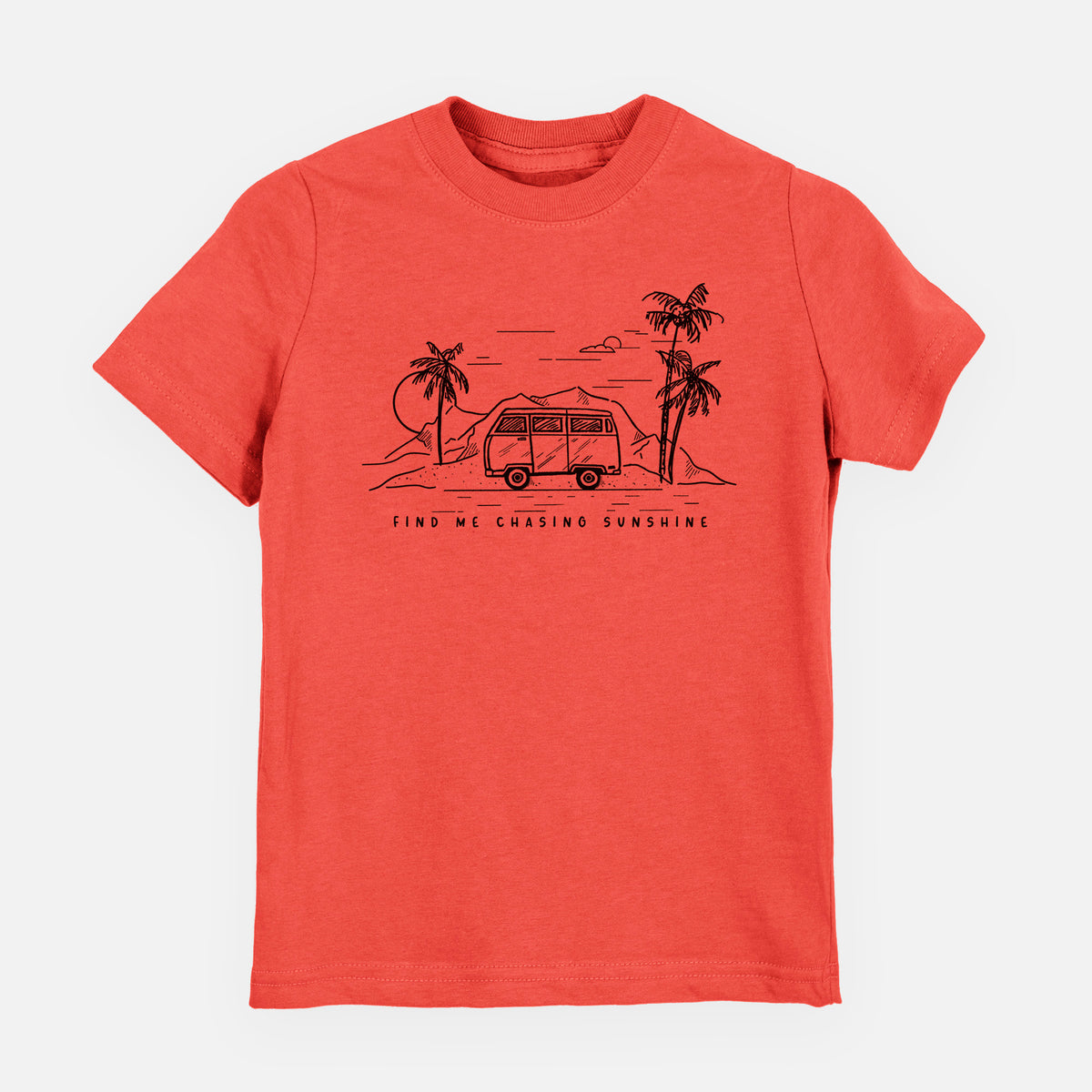 Passionfruit pink youth t-shirt laid flat, printed with a black ink illustration of a camper van under palm trees and the sun, with the words Find Me Chasing Sunshine.