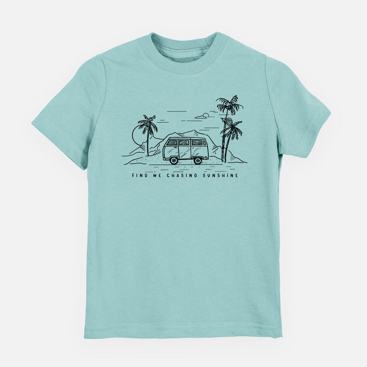 Saltwater youth t-shirt laid flat, printed with a black ink illustration of a camper van under palm trees and the sun, with the words Find Me Chasing Sunshine.