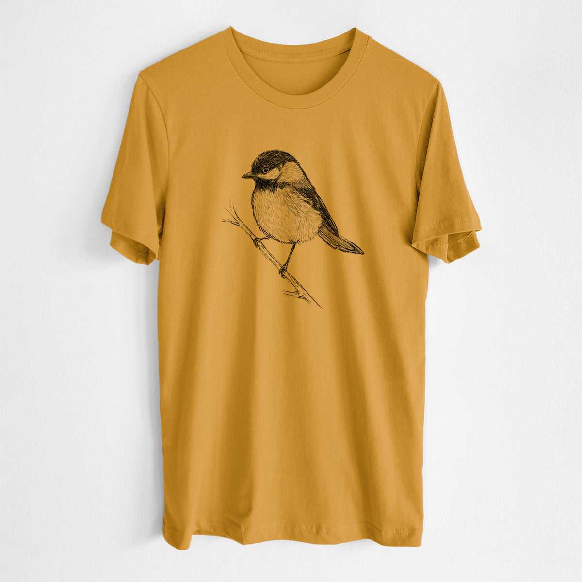 Honeycomb yellow lightweight cotton t-shirt laid flat, printed with a detailed black ink sketch of a black-capped chickadee perched on a branch.