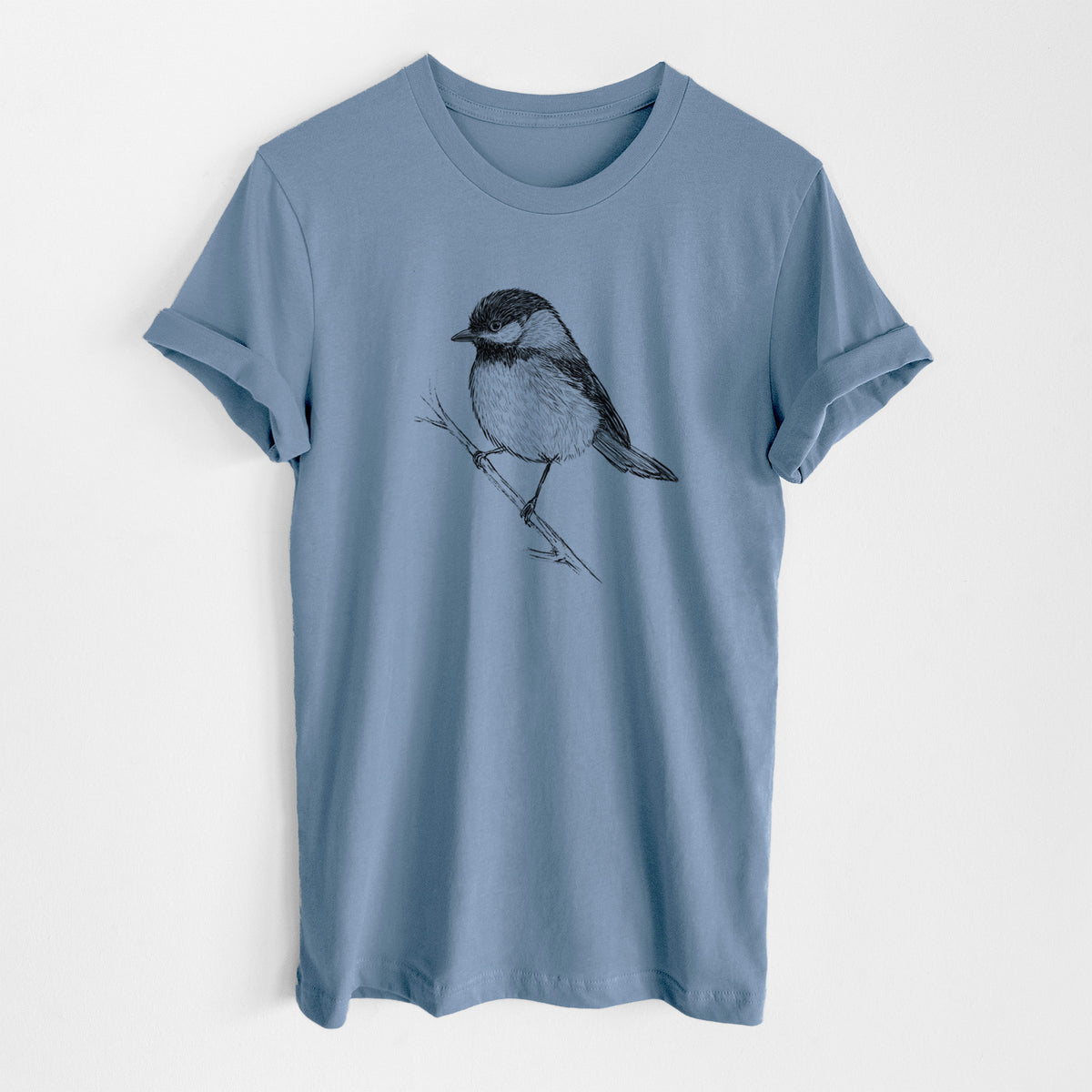 Steel blue lightweight cotton t-shirt laid flat, printed with a detailed black ink sketch of a black-capped chickadee perched on a branch.