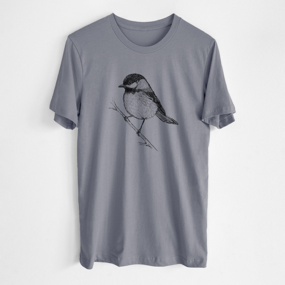 Storm grey lightweight cotton t-shirt laid flat, printed with a detailed black ink sketch of a black-capped chickadee perched on a branch.