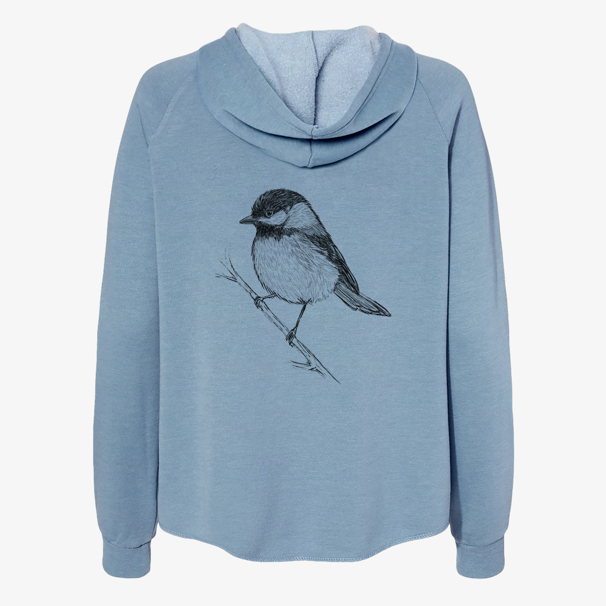 Misty blue women's Cali Wave zip-up sweatshirt laid flat, printed with a detailed black ink sketch of a black-capped chickadee perched on a branch.