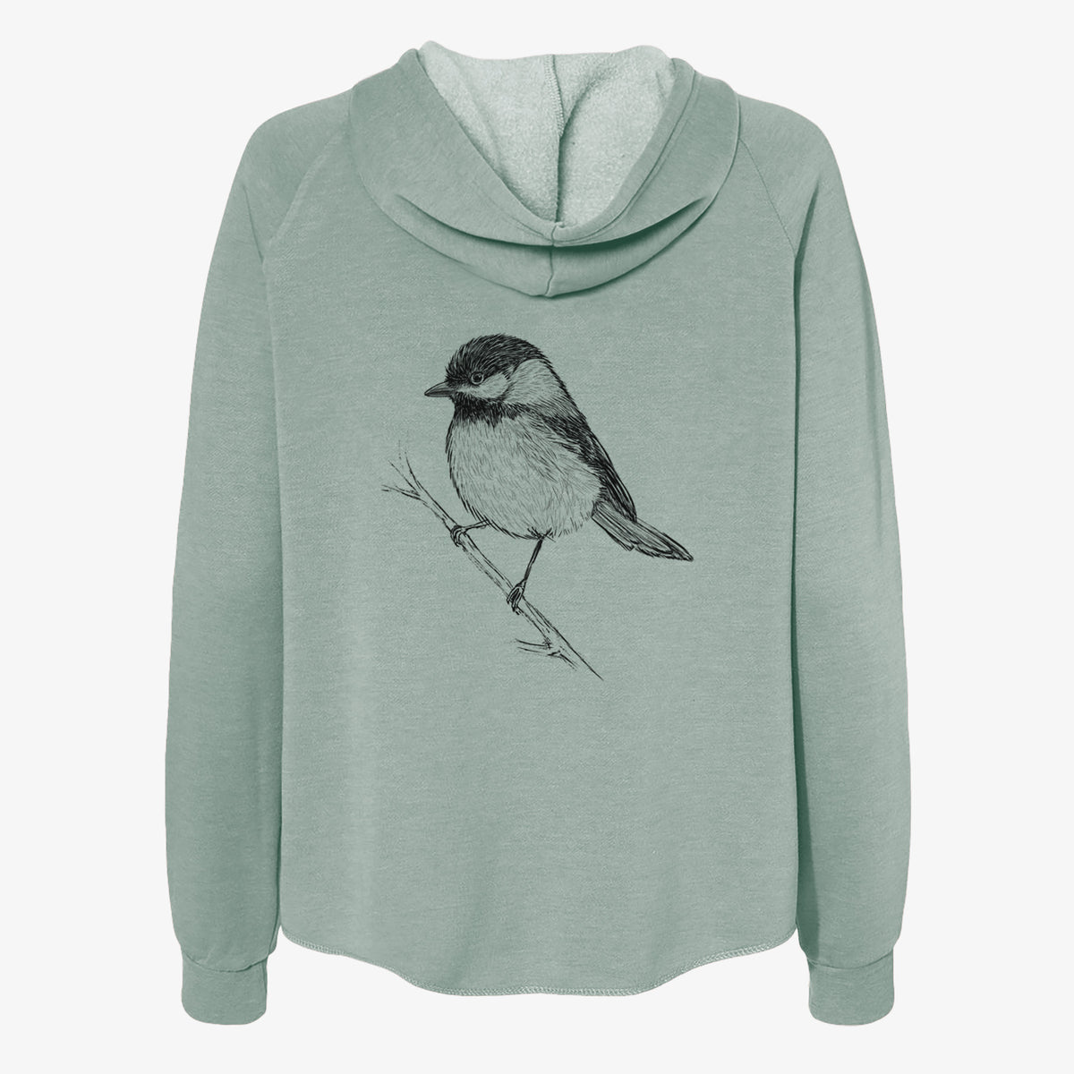 Sage green women's Cali Wave zip-up sweatshirt laid flat, printed with a detailed black ink sketch of a black-capped chickadee perched on a branch.