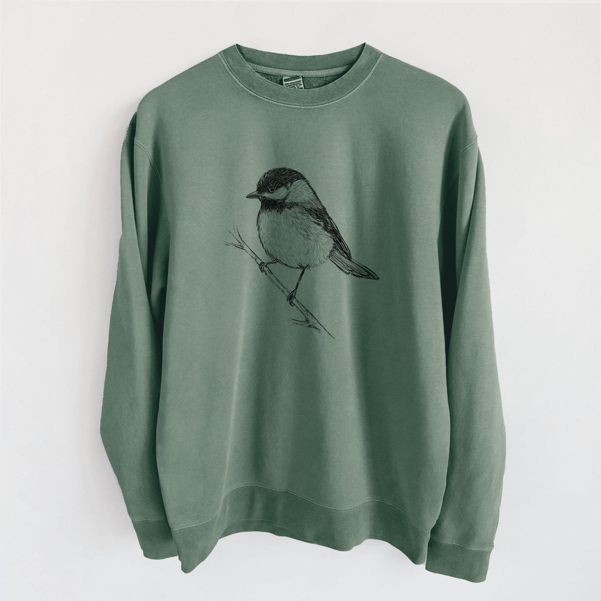Black-capped Chickadee - Poecile atricapillus - Unisex Pigment Dyed Crew Sweatshirt in Alpine Green