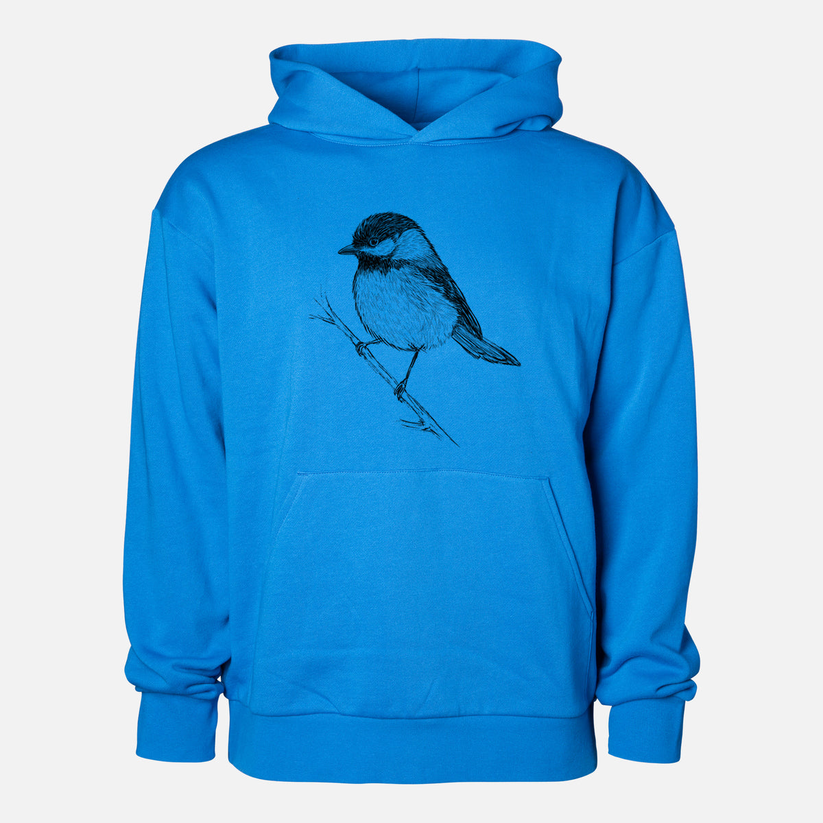 Black-capped Chickadee - Poecile atricapillus - Statement Midweight Hoodie in Azure Blue, shown from the front with the design printed on the chest above a front kangaroo pocket.