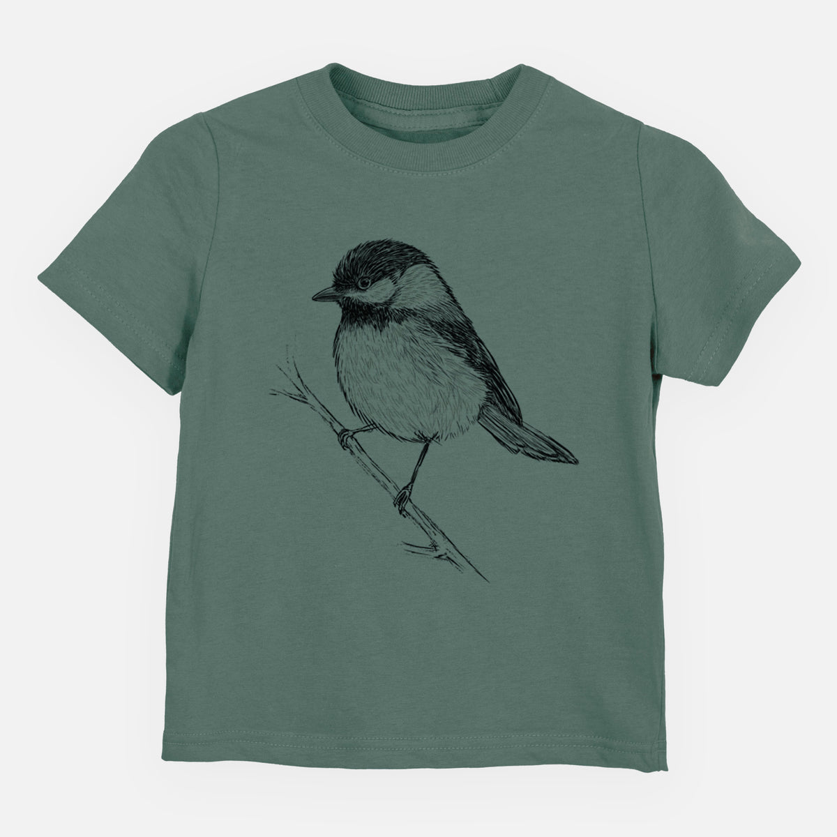 Basil green toddler t-shirt laid flat, printed with a detailed black ink sketch of a black-capped chickadee perched on a branch.