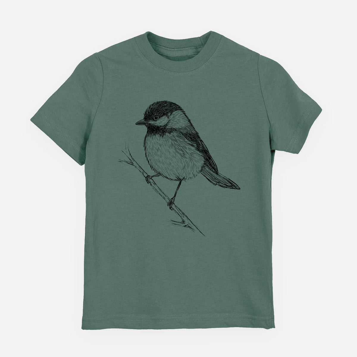 Basil green youth t-shirt laid flat, printed with a detailed black ink sketch of a black-capped chickadee perched on a branch.
