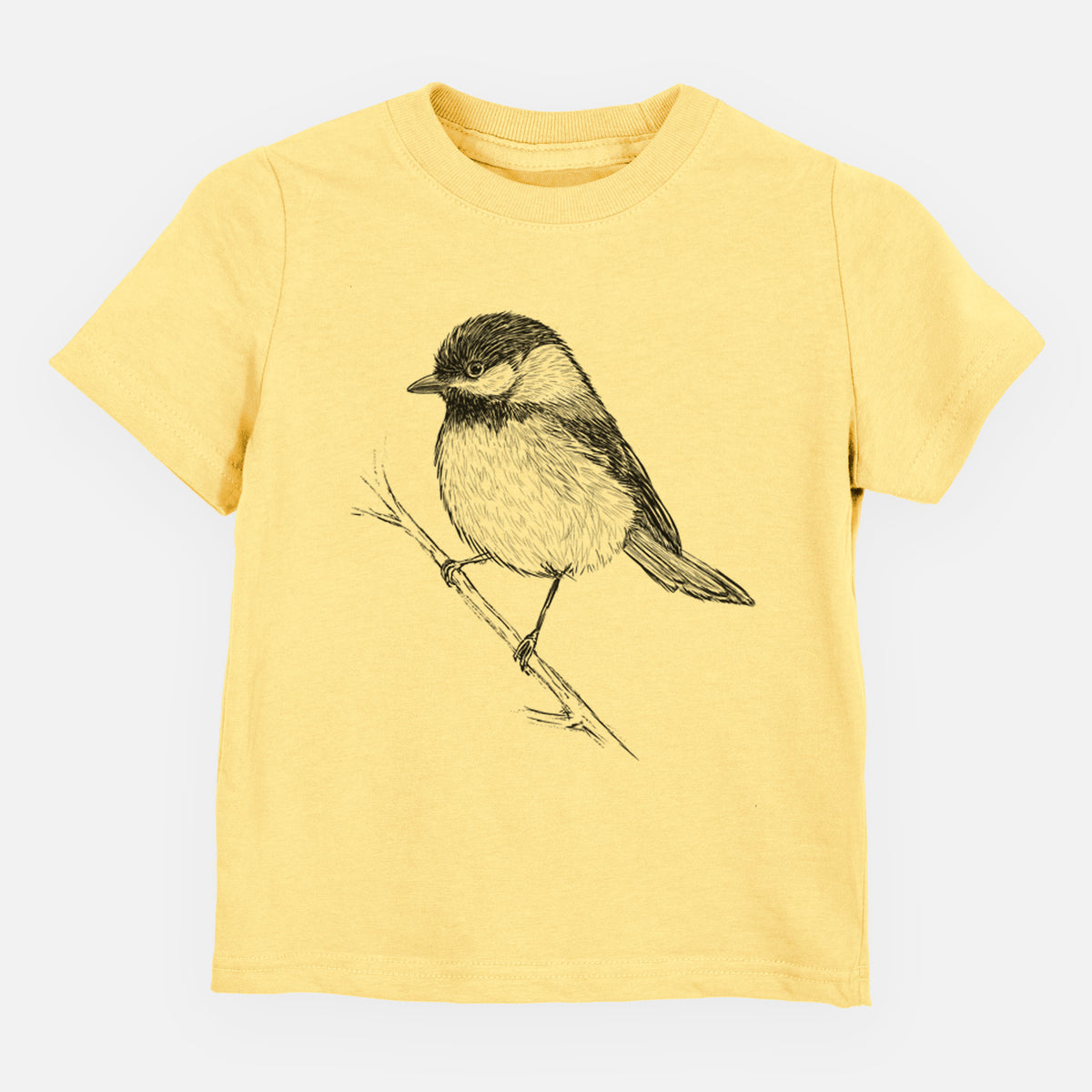 Butter yellow toddler t-shirt laid flat, printed with a detailed black ink sketch of a black-capped chickadee perched on a branch.
