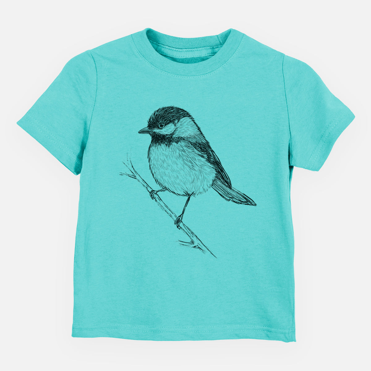 Caribbean blue toddler t-shirt laid flat, printed with a detailed black ink sketch of a black-capped chickadee perched on a branch.