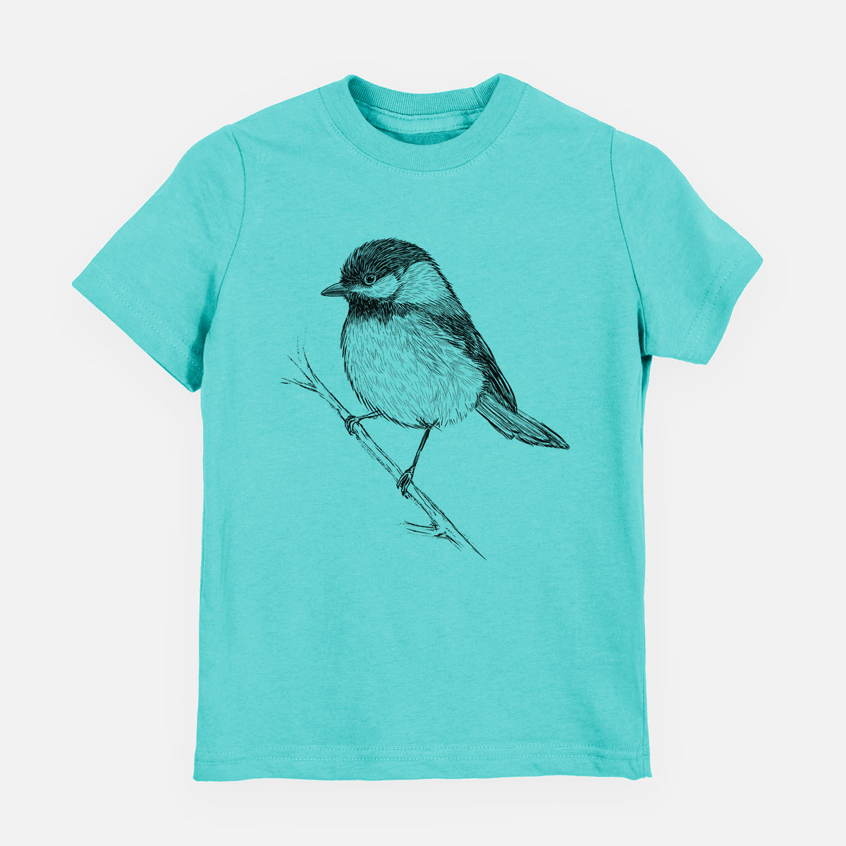 Caribbean blue youth t-shirt laid flat, printed with a detailed black ink sketch of a black-capped chickadee perched on a branch.