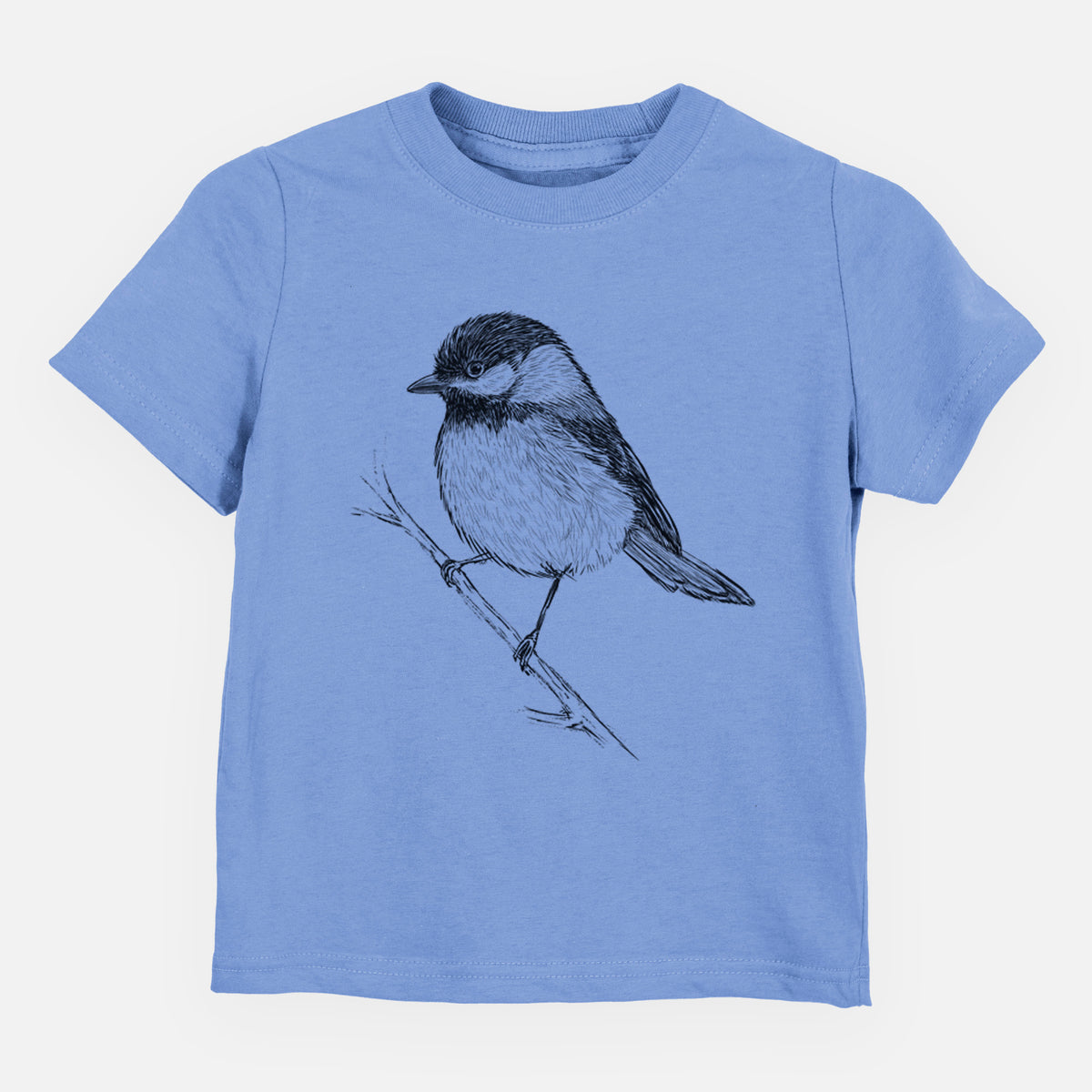Carolina blue toddler t-shirt laid flat, printed with a detailed black ink sketch of a black-capped chickadee perched on a branch.