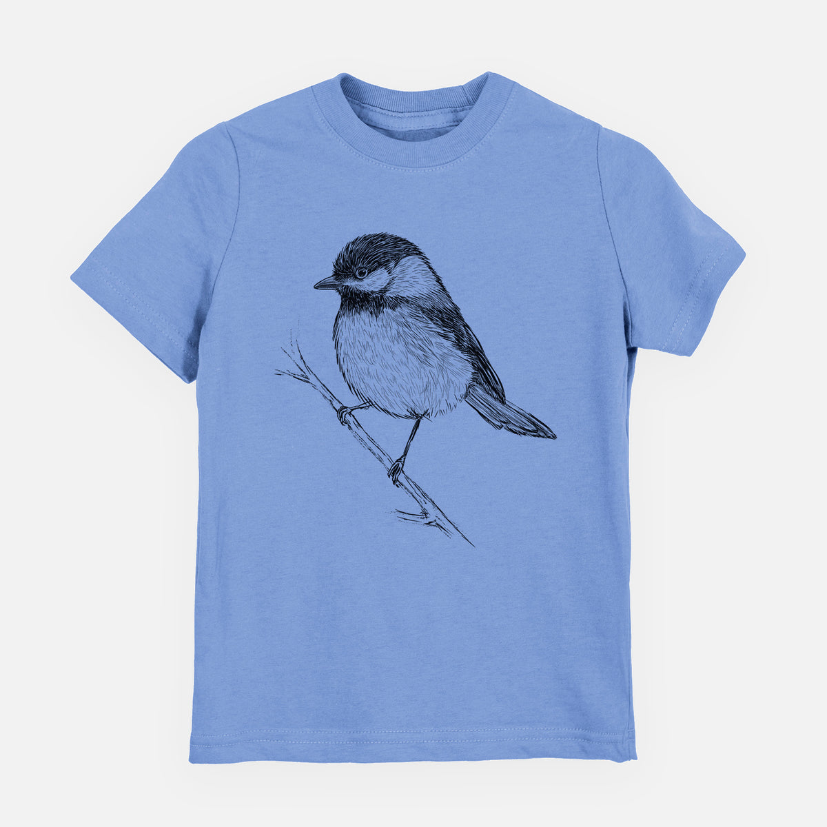 Carolina blue youth t-shirt laid flat, printed with a detailed black ink sketch of a black-capped chickadee perched on a branch.