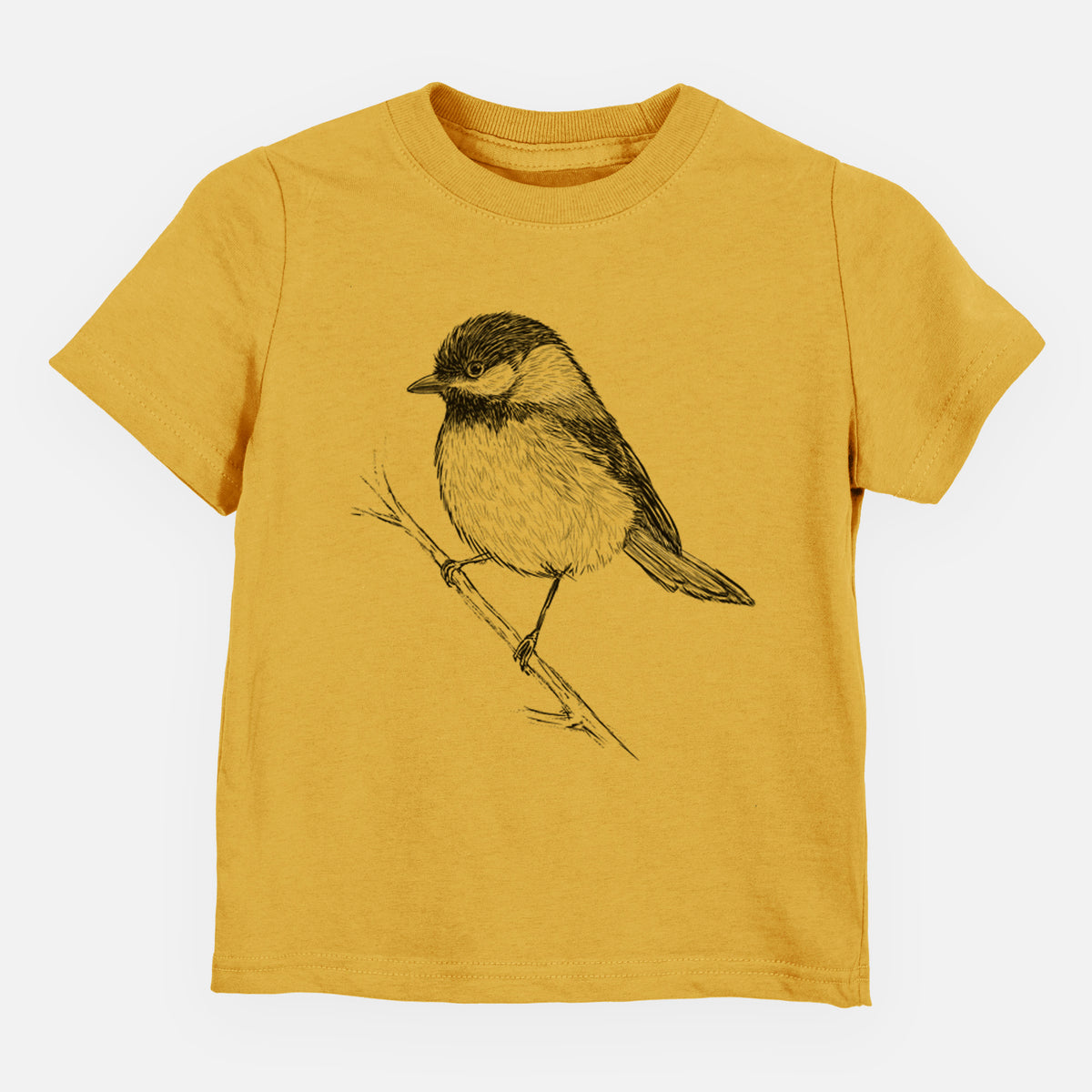 Honeycomb yellow toddler t-shirt laid flat, printed with a detailed black ink sketch of a black-capped chickadee perched on a branch.