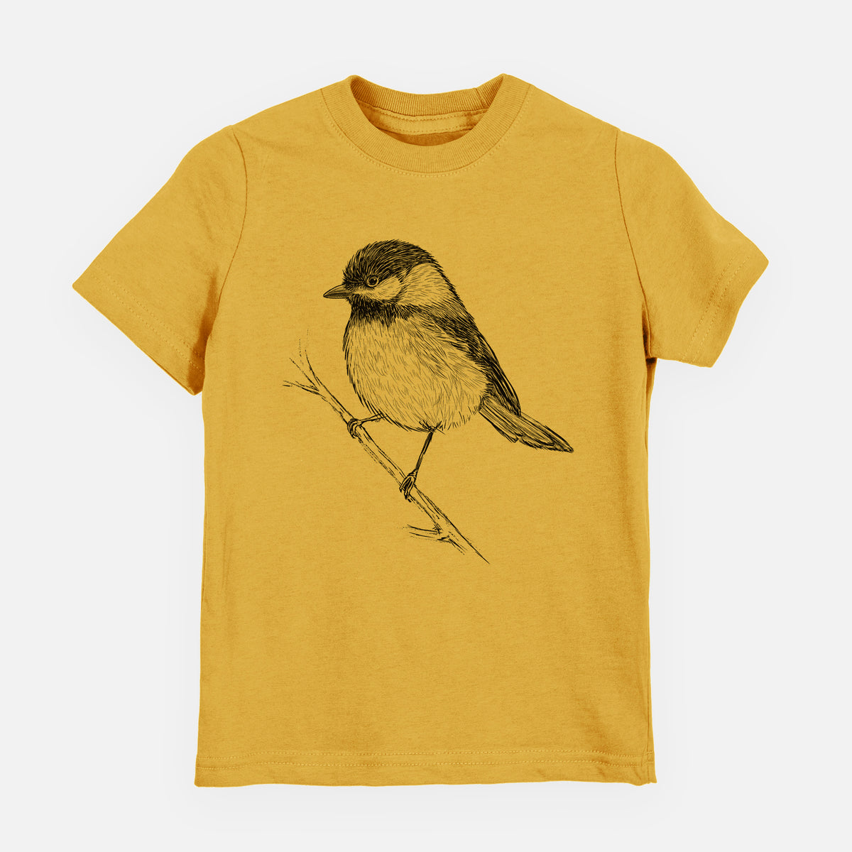 Honeycomb yellow youth t-shirt laid flat, printed with a detailed black ink sketch of a black-capped chickadee perched on a branch.