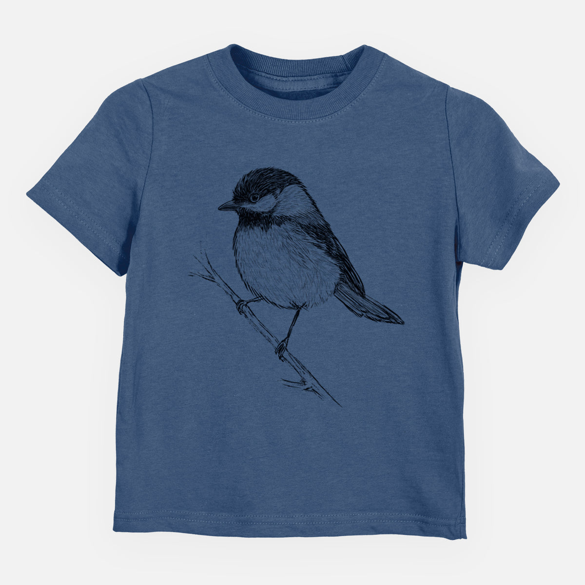 Indigo blue toddler t-shirt laid flat, printed with a detailed black ink sketch of a black-capped chickadee perched on a branch.
