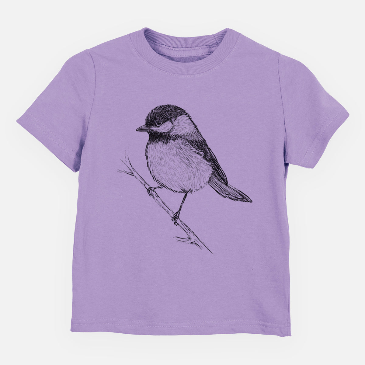 Lavender toddler t-shirt laid flat, printed with a detailed black ink sketch of a black-capped chickadee perched on a branch.