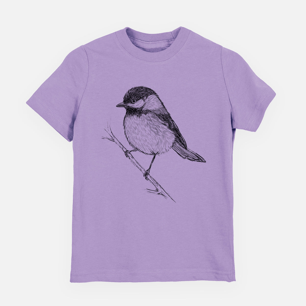 Lavender youth t-shirt laid flat, printed with a detailed black ink sketch of a black-capped chickadee perched on a branch.