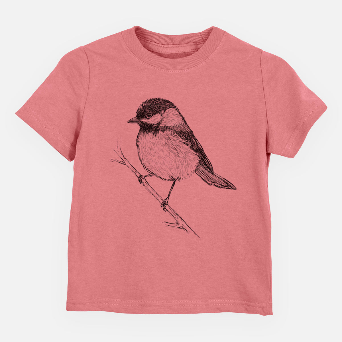 Mauve pink toddler t-shirt laid flat, printed with a detailed black ink sketch of a black-capped chickadee perched on a branch.