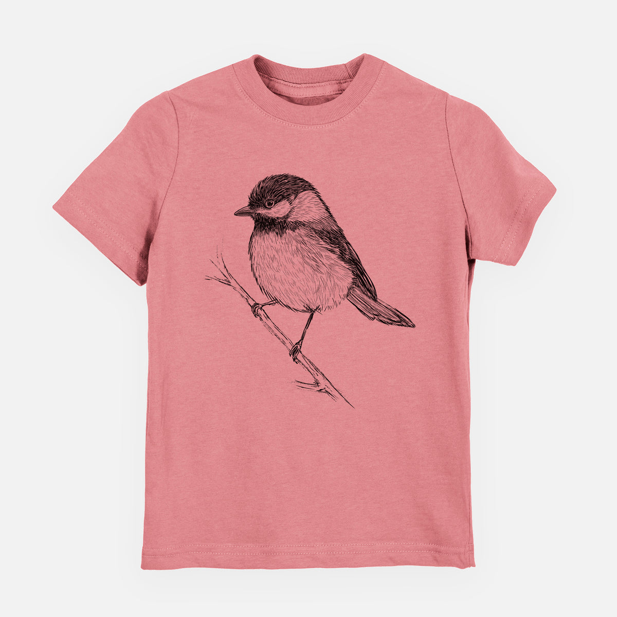 Mauve pink youth t-shirt laid flat, printed with a detailed black ink sketch of a black-capped chickadee perched on a branch.